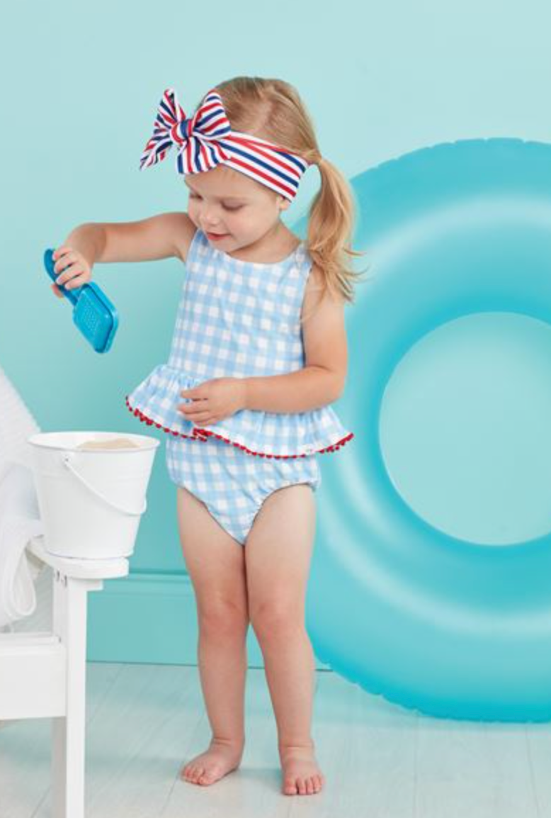 Reversible Swimsuit in Gingham/Stripes & Flowers for Baby Girls - sky blue